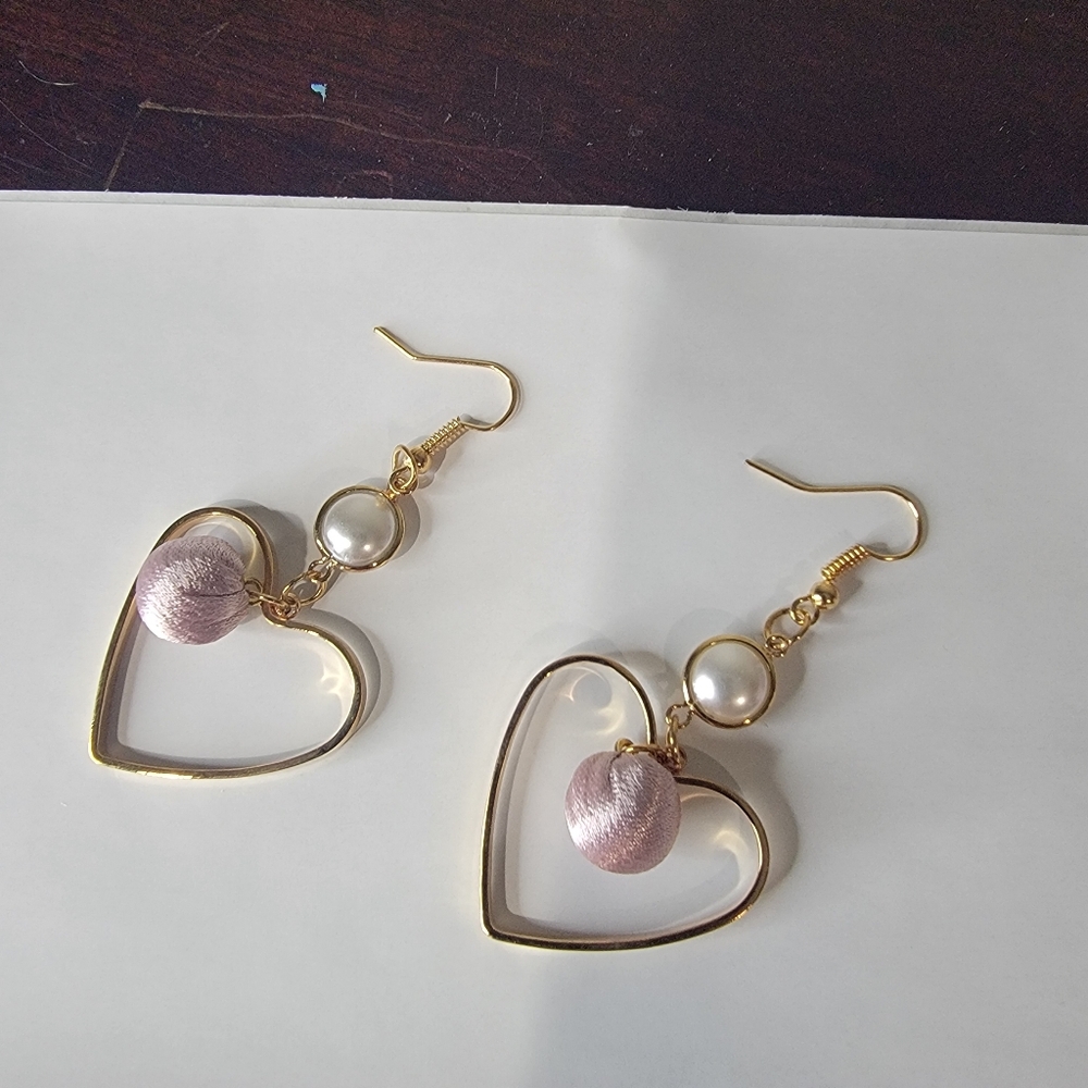 Gold Heart Earrings with Pearl and Pink Accents - Picture 2 of 6